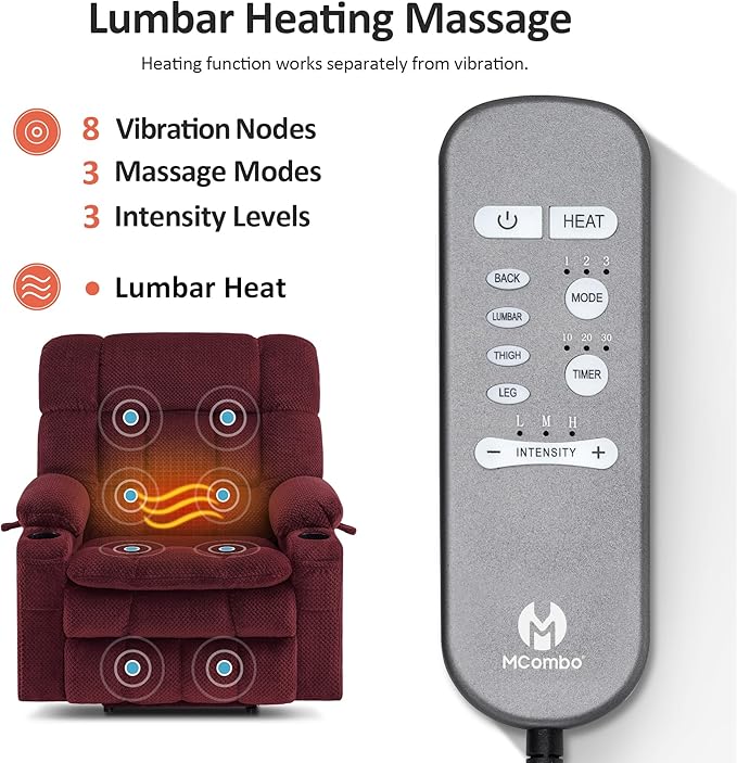 MCombo Dual Motor Power Lift Recliner Chair for Elderly, Lay Flat Lift Chair with Heat and Massage, Extra Wide Lift Recliner for Big People, Cup Holders, Fabric R7897 (Burgundy, Medium-Wide)