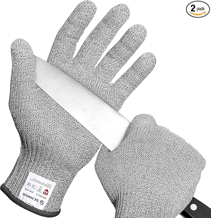 Schwer 2 Pairs ANSI A9 Cut Resistant Gloves, Food Grade Reliable Cutting Glove, Mandoline Glove for Kitchen Meat Cutting, Oyster Shucking, Fish Fillet Processing, Non-PFAS, PR1501-G, M