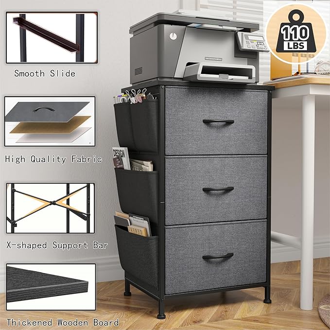 Night Stand Set 2, Night Stand with Drawers for Bedroom, Bedside Table with Wooden Top, Sturdy Steel Frame End Table, Dorm Nightstand for Bedroom, Entryway, Hallway, Closet, Cloth Bags, Hooks, Grey