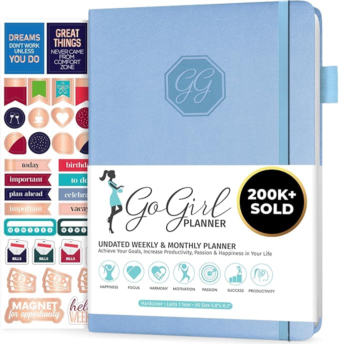 GoGirl Planner and Organizer for Women – Compact Size Weekly Planner, Goals Journal & Agenda to Improve Time Management, Productivity & Live Happier. Undated – Start Anytime, Lasts 1 Year – Light Blue