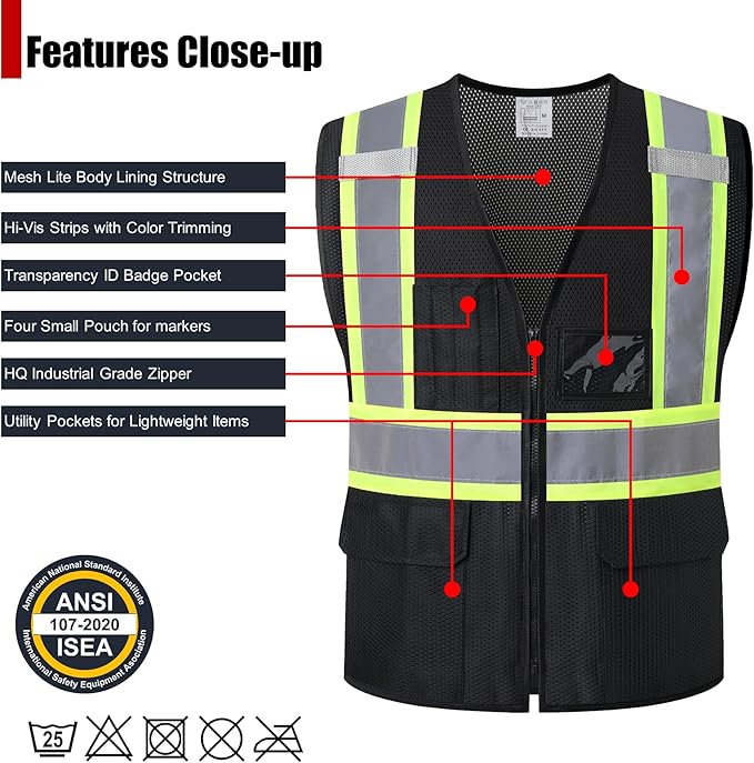 Reflective Safety Vest for Men Women Hi Vis Vest with Pockets High Visibility Vest Mesh Construction Vests Meets ANSI/ISEA Standards (Black-33, Large)