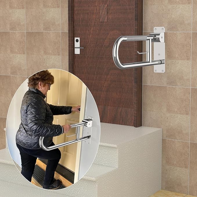 Toilet Grab Bar 22.4 Inch, YuanDe Flip Up Grab Bar with Paper Holder, Polished Chrome Anti-Slip Safety Bars for Toilet, Stainless Steel Knurled Toilet Handles for Seniors Disabled Elderly Pregnant
