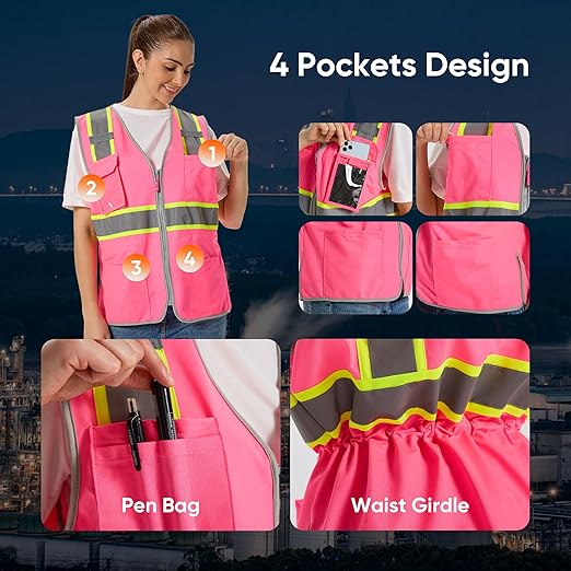Hi Vis Safety Vest for Women, Working Drawstring waist Construction Vest with Pockets and Zipper, Womens Safety Vest, ANSI Type R Class2, Pink Yellow Strips, XL