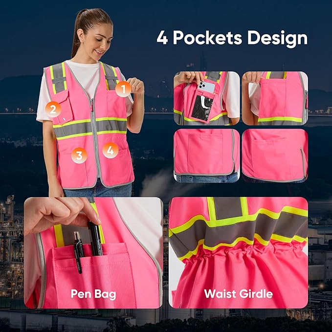 Hi Vis Safety Vest for Women, Working Drawstring waist Construction Vest with Pockets and Zipper, Womens Safety Vest, ANSI Type R Class2