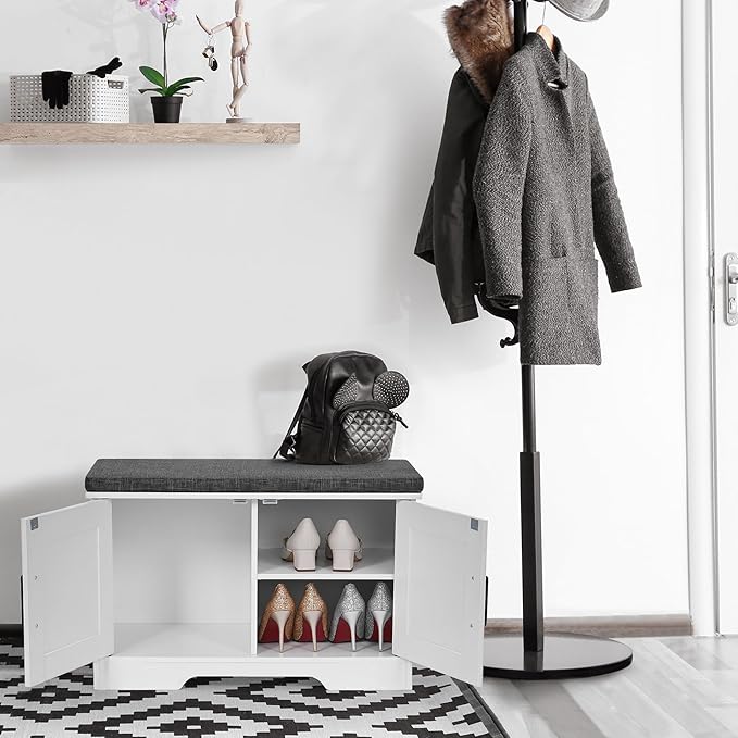 2-Tier Storage Bench, 27.6" Wide Shoe Bench with Padded Seat Cushion, Entryway Bench with 2 Barn Doors and Adjustable Shelf, White