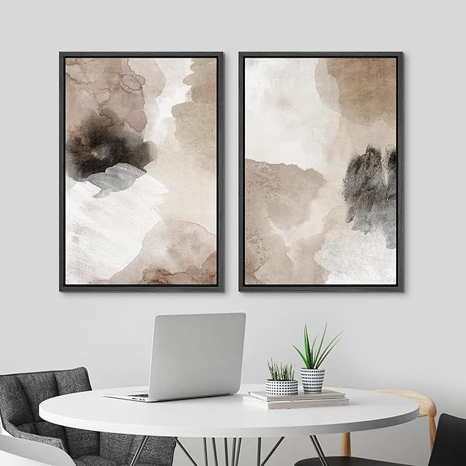 MUDECOR Framed Canvas Print Wall Art Watercolor Brown White Black Collage Abstract Shape Illustrations Modern Art Decorative Bohemian Colorful Chic for Living Room, Bedroom, Office - 16"x24"x2 Black