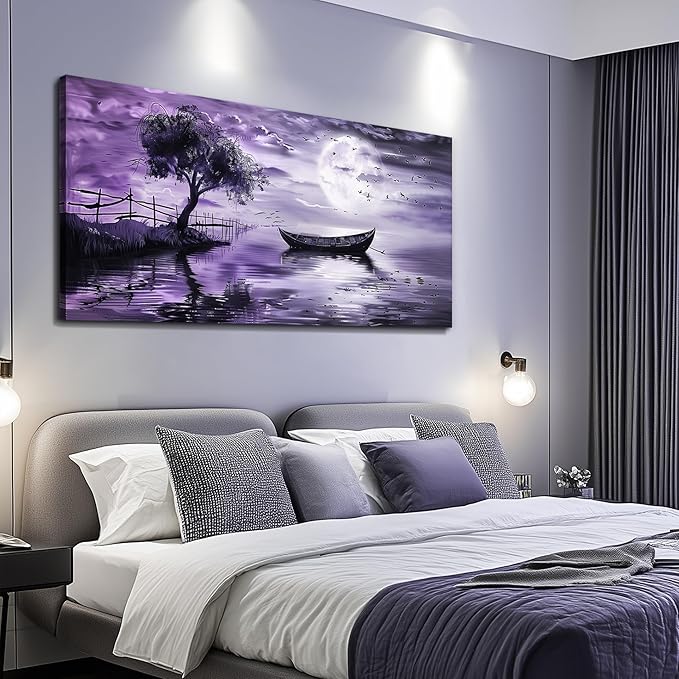 KELIYUAN Canvas Wall Art For Living Room Large Wall Decor For Bedroom Office Decoration Landscape Pictures Modern Purple Lake View Wall Painting Artwork Hotel Room Ready To Hang Home Decor 24x48 In
