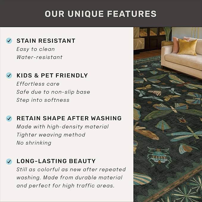7x9 Insect Dark Green Rugs for Living Room, Boho & Forest Design Area Rug for Dining Room Under Table, Bedroom, Unique Washable Floral Non Slip Low Pile Soft Rug
