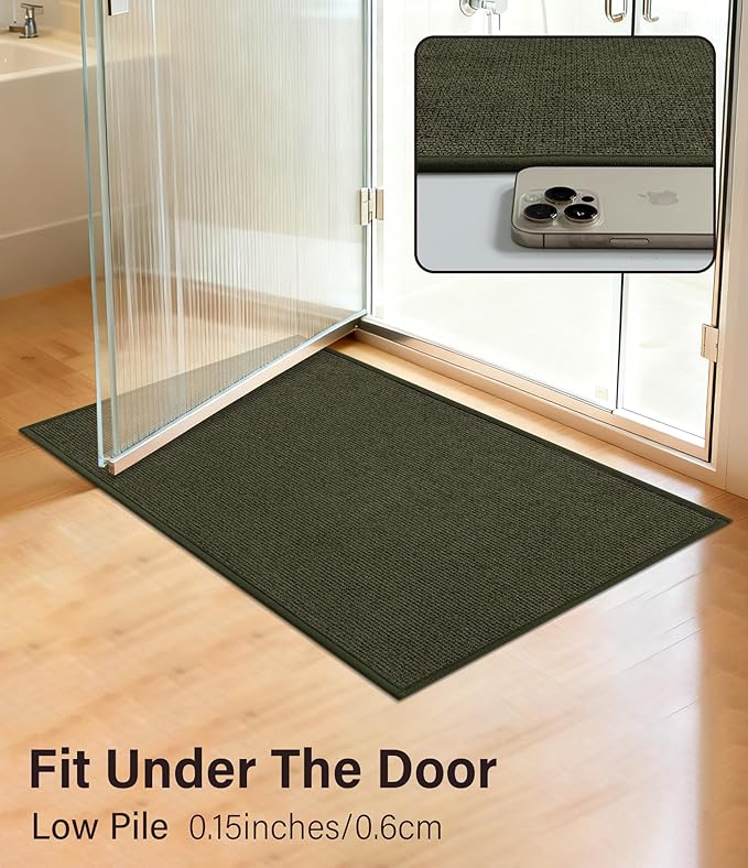 YIHOUSE Bathroom Rugs Mats Sets 2 Pieces, Ultra Thin Bath Mat Absorbent Non Slip Bath Rugs for Bathroom Washable, Shower, Sink, Laundry (Dark Green, 2 Pieces)