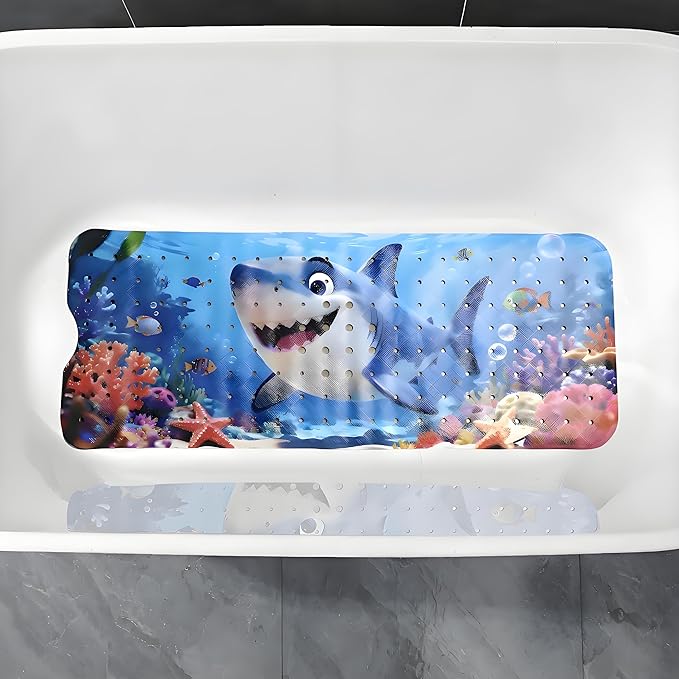 Bathtub Mat Non Slip Shower Mat for Kids, Extra Long 40"x16", Machine Washable Bathmat with Drain Holes, Suction Cups for Bathroom Floor, Cartoon Shark Bath Tub Mat for Students,Toddler,Pets