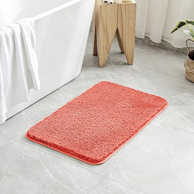 MIULEE Extra Thick Non Slip Bathroom Rug Shaggy Soft Bath Mat Plush Microfiber Absorbent Water for Shower Tub Machine Washable (Living Coral, 16x24 Inches)