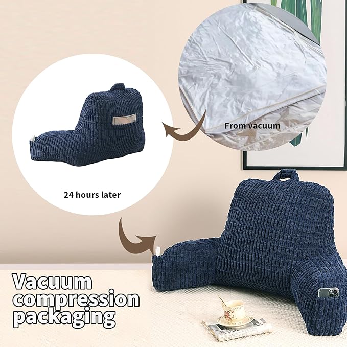 Reading Pillow for Sitting in Bed, Large Backrest Reading Pillow with Arm Rest,Back-Rest Support Cushion for Sit Up on Couch, Sofa, and Floor, Dorm Essentials (Dark Blue Corduroy, Standard(17"))
