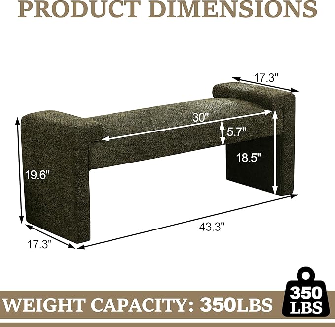 43" End of Bed Bench Upholstered Modern Bedroom Bench for Living Room & Entryway, Easy Assembly, Footrest Ottoman Accent Window Bench with Solid Wood Frame & Curved Arm, Green