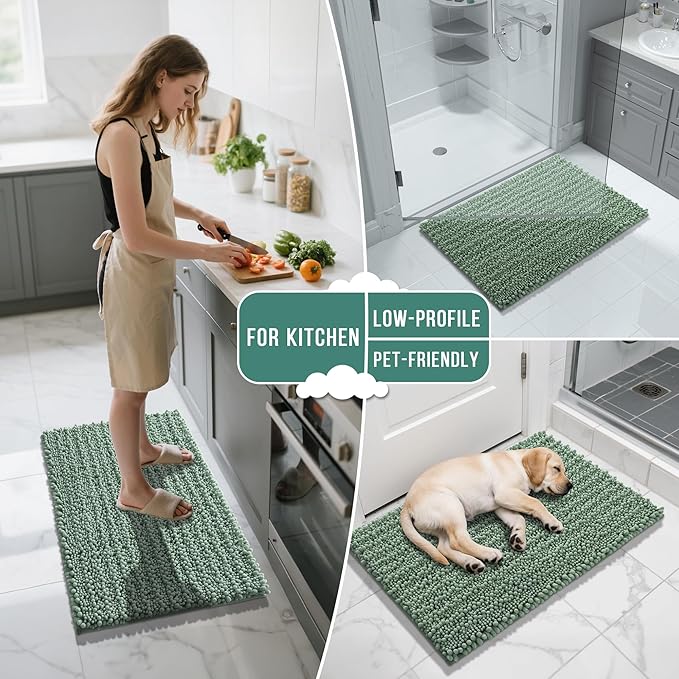 Yimobra Bathroom Rugs Sets 2 Piece - Quick Dry Extra Thick Luxury Chenille Bath Mat, Non Slip Super Absorbent for Tub Shower Sink, Machine Washable Shaggy Floor Mat, 24"x17+24"x20" Inch, Green
