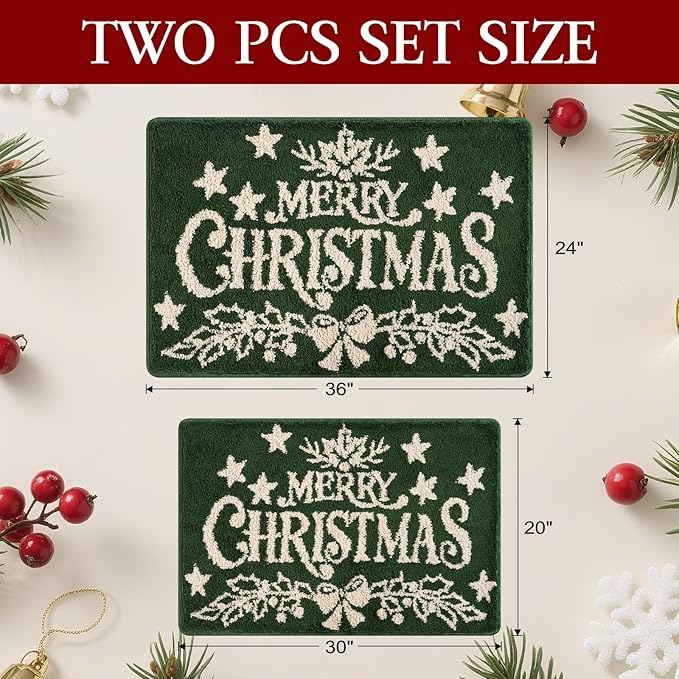Christmas Bathroom Rug 2 Piece, Extra Soft Absorbent Microfiber Thick Plush Fluffy Bathroom Rugs, Non-Slip Backing, Machine Washable Bath Rugs, Holiday Xmas Decor Indoor Bath Mats, Green, Xmas Letters