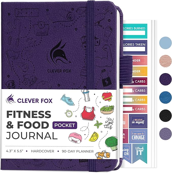 Clever Fox Fitness & Food Journal Pocket – Nutrition & Workout Planner for Women & Men – Diet & Gym Exercise Log Book with Calendars, Diet & Training Trackers – Lasts 3 Months, 4.3x5.5” (Purple)