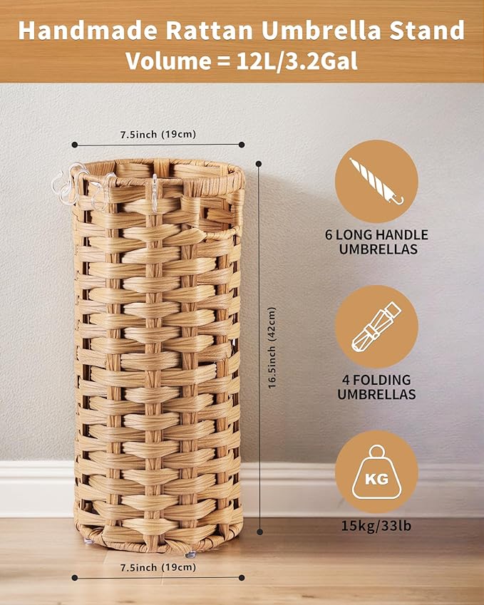 Rattan Umbrella Stand, Umbrella Holder for Entryway, Hand Woven Umbrella Rack Organizer Freestanding, with a Detachable Drip Tray, 4 Hooks, 7.5" L x 7.5" W x 16.5" H