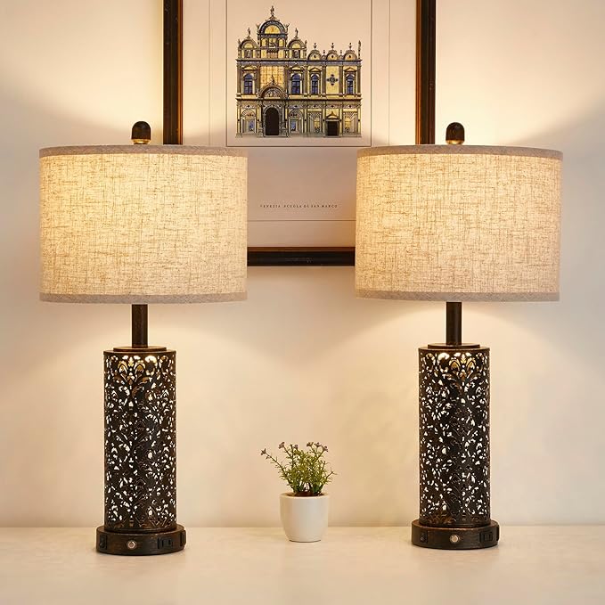 26" Farmhouse Table Lamp Dual Light 3-Way Dimmable Touch Control, 2 USB Ports + AC Outlet Rustic Bedside Lamp for Living Room Bedroom and Nightstand with Nightlight (Black-1 Pack)