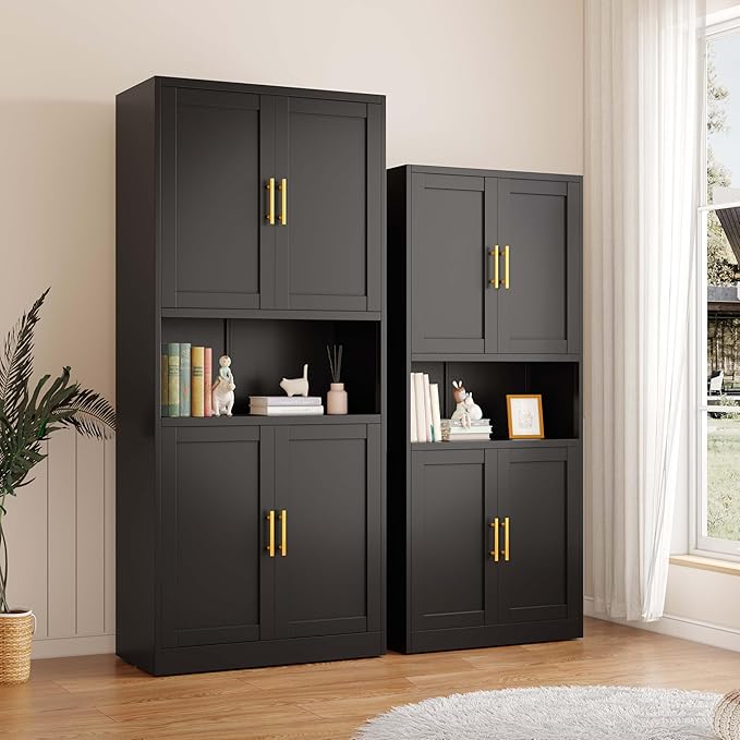 61.02" Kitchen Pantry Cabinet, Large Metal Storage Cabinet with 4 Doors and 1 Open Storage Compartment, Corner Display Organizer with 2 Adjustable Shelves for Kitchen Bedroom or Hallways