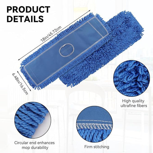 18 Inch Dust Mop Head: Replacement Medium Washable Commercial Mop Head Sweeper and Janitorial Replacement Blue
