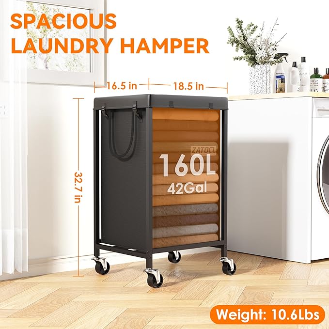 42 Gal Laundry Basket with Wheels, Heavy Duty Rolling Laundry Hamper, Oxford Fabric Dirty Clothes Hamper with Thick Iron Frame & Removable Bag, Large Hampers for Bathroom Bedroom Aesthetic, Black