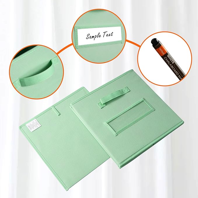 artsdi 13x13x13 storage cube bins(Set of 8) Fabric storage cubes with 8 Labels Window Cards & a Pen, storage cubes 13x13, Collapsible 13 inch cube storage bins, Cubby Organizer Boxes, Grass Green