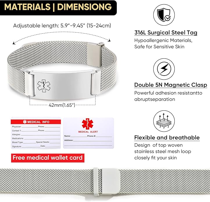 VNOX Medical Alert Id Bracelet for Men Women, Custom Engraving Adjustable Stainless Steel Customizable Mesh Emergency Survival Medic Bracelets Wristband Loop Band with Replacement Tag
