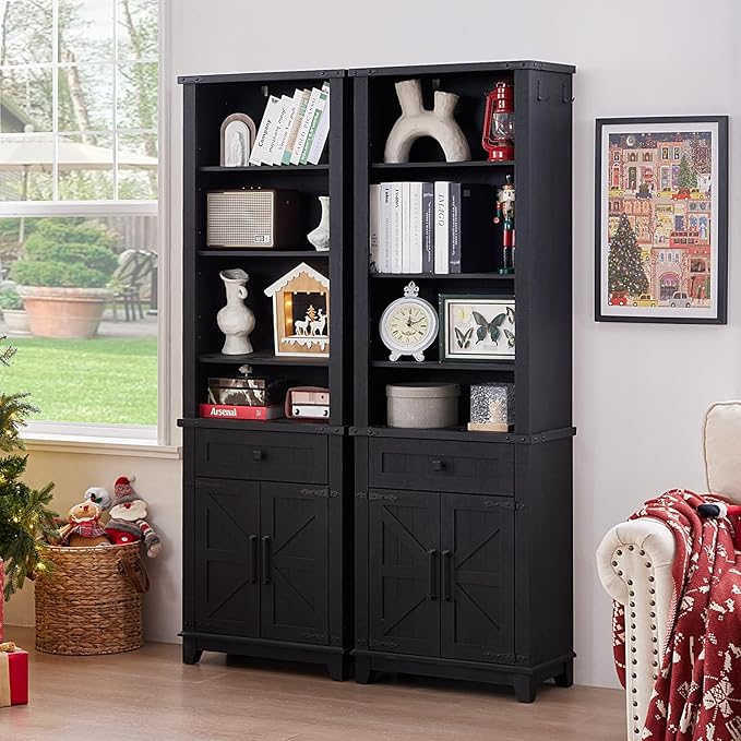 72in Tall Bookshelf 7 Tier Bookcase with Drawer and Barn Doors and Adjustable Shelves, Black Farmhouse Book Shelf with Storage Cabinet, Wood Freestanding Display Bookshelves for Kitchen (2PCS)