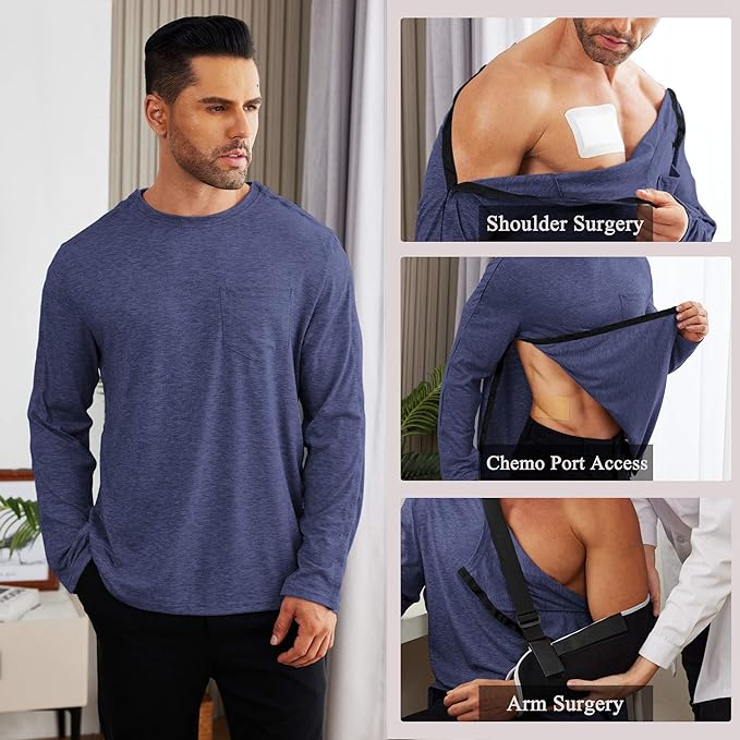 Deyeek Men's Post Shoulder Surgery Recovery Shirts Full Tear Away Long Sleeve Snap Chemo Port Access Shirt