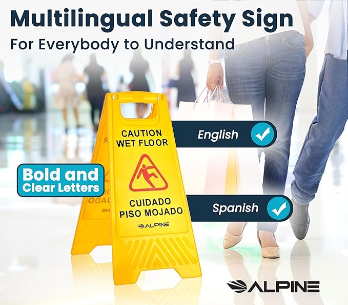 Alpine Caution Wet Floor Signs 5 Pack - 24 Inch, High Visibility Yellow Slippery When Wet Sign - Bilingual Safety Warning Sign to Easily Avoid Slippery Accidents in High Traffic Areas