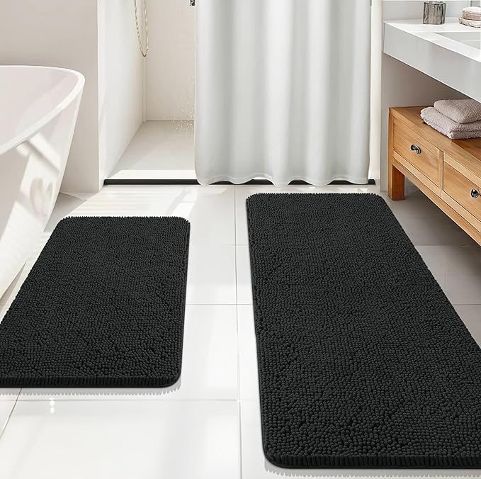 OLANLY Bathroom Rugs Sets 2 Piece, Soft Absorbent Chenille Bath Mats Area Rug Set, Non-Slip, Quick Dry, Machine Washable Bath Mats for Bathroom, Home Decor Accessories (59"x20"+30"x20", Black)