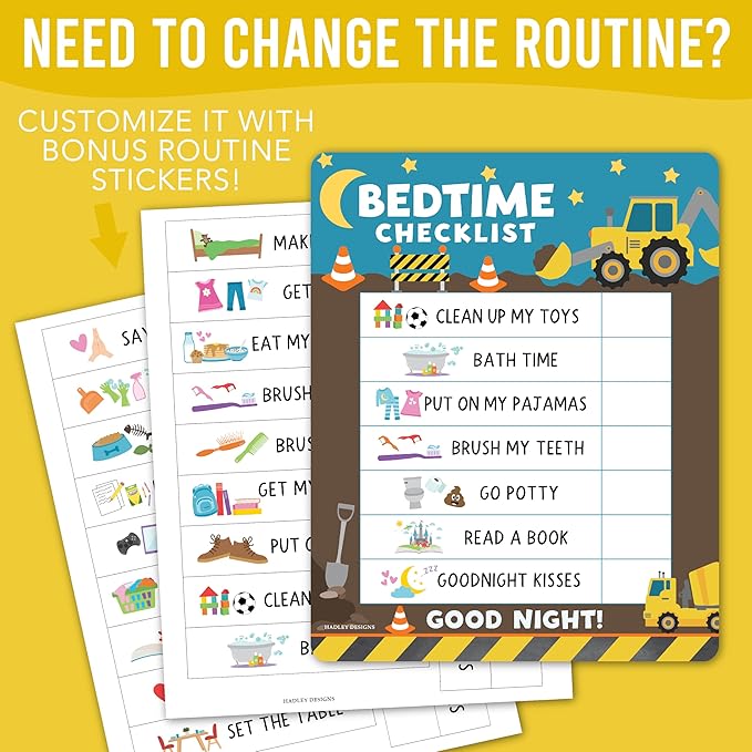 Magnetic Morning & Bedtime Routine Chart for Kids - Customizable Toddler Daily Schedule Board with Dry Erase Surface, Stickers & Marker, Build Habits with Visual Checklists, Construction Theme