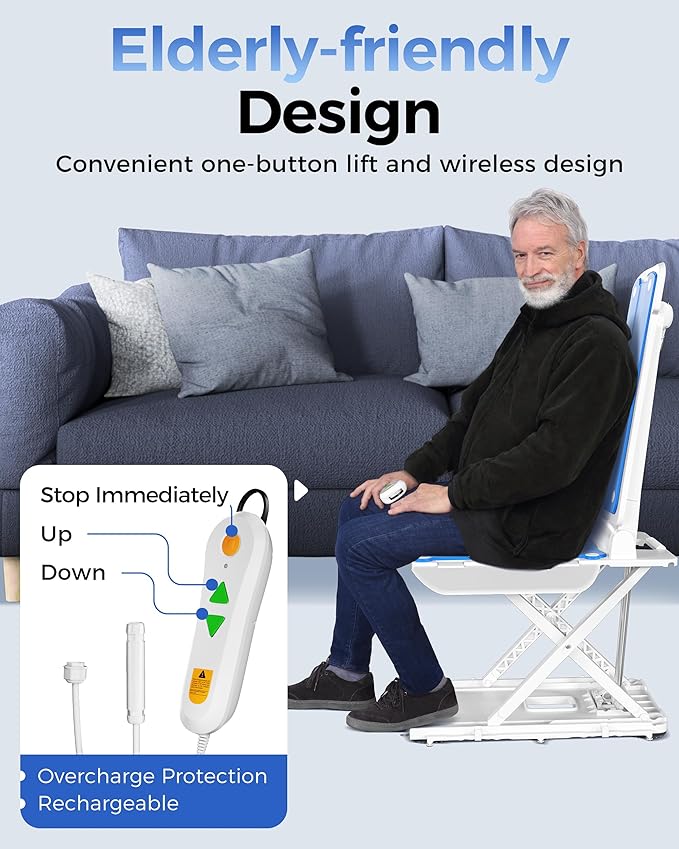 Electric Chair Lift - Floor Lift for Elderly Falls, Support Up to 308 LB, IPX8 Waterproof Bath Lift, Foldable & Wireless Rechargeable Design, Quick-Rise Assist for Elderly & Disabled