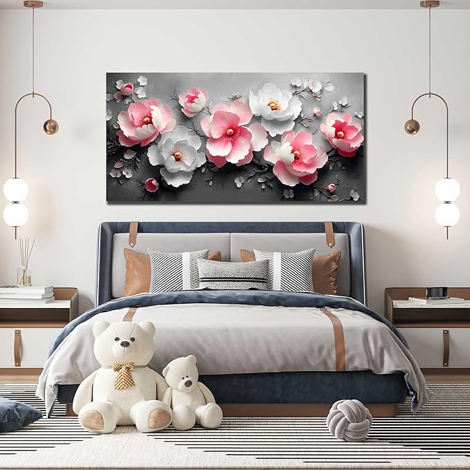 Flower Canvas Wall Art for Living Room - Pink and White Room Decor for Women - Girls Bedroom Wall Decor Size 29" x 59"