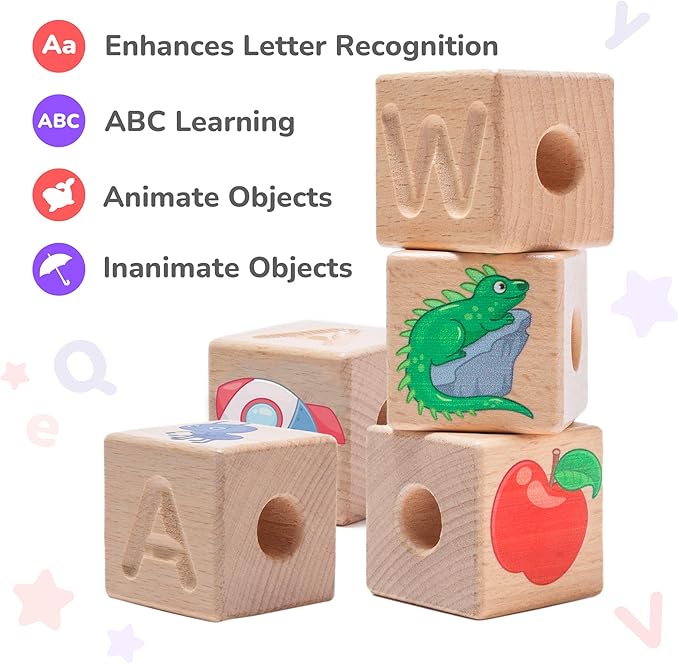 Bimi Boo Alphabet Lacing Beads for Toddlers - ABC Fine Motor Letter Threading Wooden Toy with Objects & Animals (26 Large Stringing Blocks, 2 Ropes, Cotton Bag)