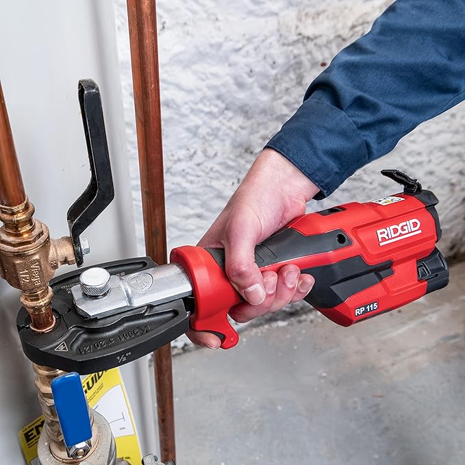 RIDGID 72553 Model RP 115 Mini Press Tool and Battery Kit with 1/2" to 3/4" ProPress Press Tool Jaws, 2V Li/Ion Battery, 12V Charger, and Carrying Case , Red