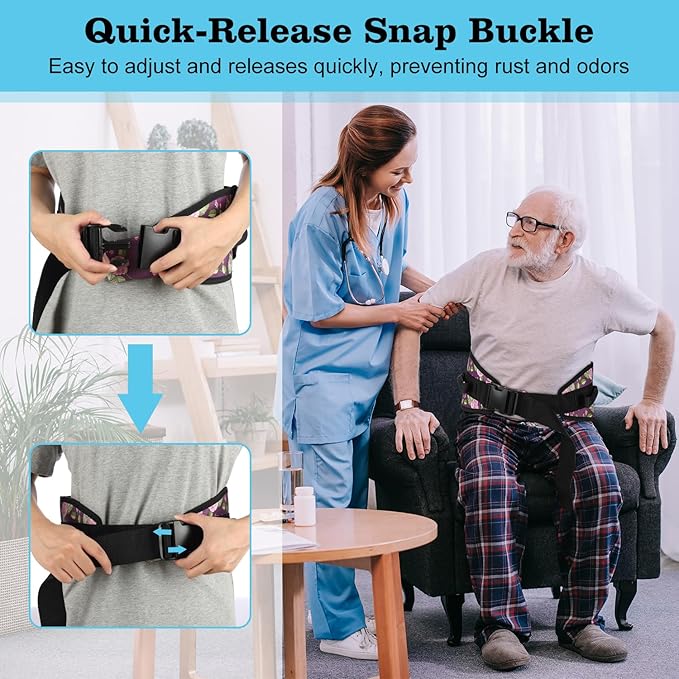 supregear Gait Belt - Anti-Slip Transfer Aid with 7 Handles and Quick-Release Buckle, Perfect for Senior Care, Floral Purple