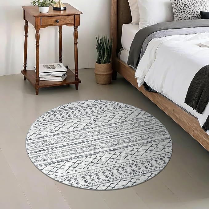 KUTA Washable Circle Rug 3Ft Grey Moroccan Washable Round Area Rugs Boho Foyer Kitchen Carpet, Non-Slip Soft Distressed Geometric Entryway Mat Low-Pile Throw for Hallway Bedroom Nursery Dorm