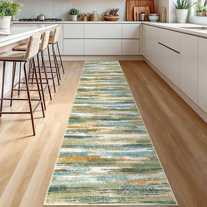 Modern Abstract Runner Rug 2.6x12, Green Mustard Multi Washable Long Kitchen Runner Non-Slip Soft Hallway Rug Runner Thin Print Faux Wool Carpet for Entryway Bedroom Laundry Room Indoor