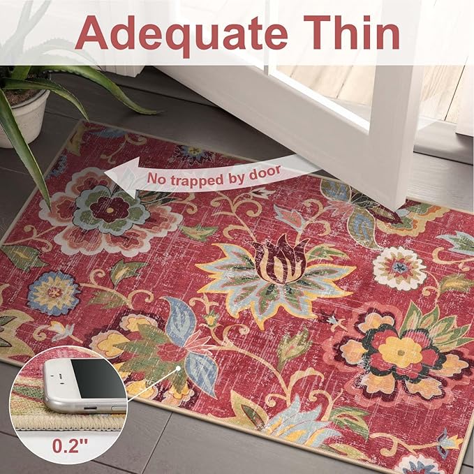 Beeiva Red Kitchen Rugs Non Slip Washable, 2x3 Floral Christmas Kitchen Entry Rug for Entryway Indoor Ultra Thin Small, Vintage Non-Shedding Front Door Mat Indoor Entrance Throw Carpet for Bathroom