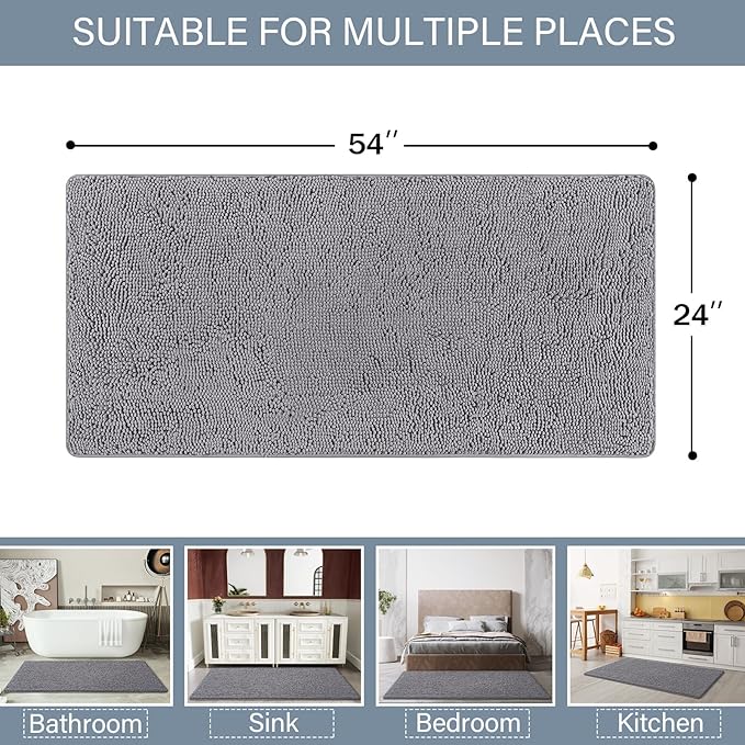 LOCHAS Luxury Bathroom Rug Shaggy Bath Mat 24 x 54 Inch, Washable Non Slip Bath Rugs for Bathroom Shower, Soft Plush Chenille Absorbent Carpets Mats, Gray