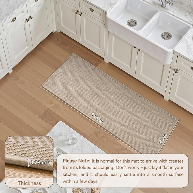 AMOAMI Kitchen Mats for Floor, Non Slip Washable Kitchen Rugs Absorbent Quick Dry and Easy to Clean, Kitchen Runner Rugs for Kitchen in Front of Sink, 20“*47”, Beige