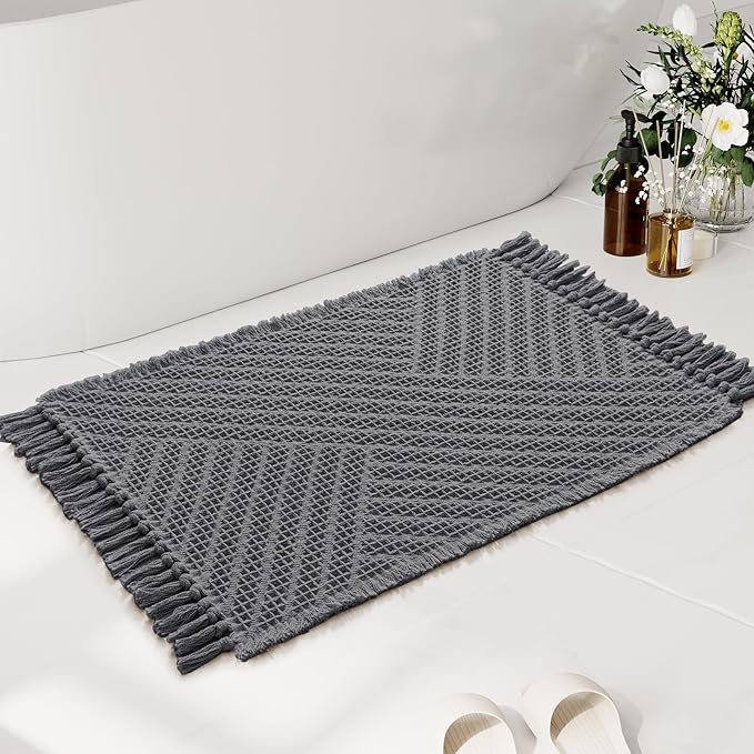 H.VERSAILTEX Waffle Bath Mat Super Absorbent Boho Bath Mat Non Slip Bath Rugs for Bathroom Floor Machine Washable Dry Fast Bathroom Rugs with Tassels, 20" x 32", Gray