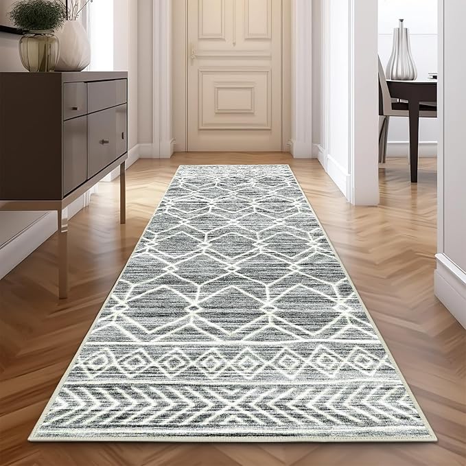 jinchan Moroccan Runner Rug 3x8 - Kitchen Machine Washable Runner Rug Modern Geometric Low-Pile Lightweight Non-Slip Carpet for Entryway Hallway Laundry Room Bedroom Bedside (3x8ft, Grey)