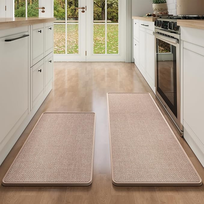 Kitchen Mat Kitchen Rugs Sets of 2 PCS Non Slip Washable, Linen-Like 0.3" Thick Cushioned Absorbent Kitchen Mats for Floor, Mild Anti-Fatigue Sink Laundry Standing Mat, Brown 17"x30"+17"x47"