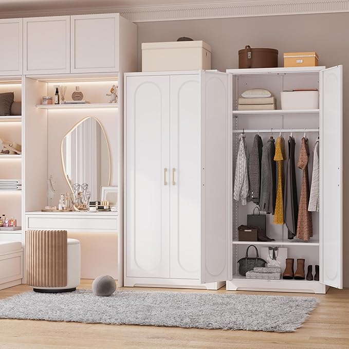 Metal Armoire Wardrobe Closet for Hanging Clothes, 71" Tall Wardrobe Cabinet with Hanging Rod, Large Freestanding Wardrobes Closet with Doors and Shelves for Bedroom, Office, Gym, School, White