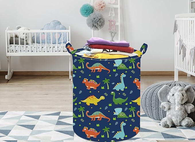 19.7 Inch Round Dinosaur Laundry Clothes Hamper Laundry Basket with Handles,Storage Organizer Bins Laundry Gift Basket for Room, Bedroom Decor