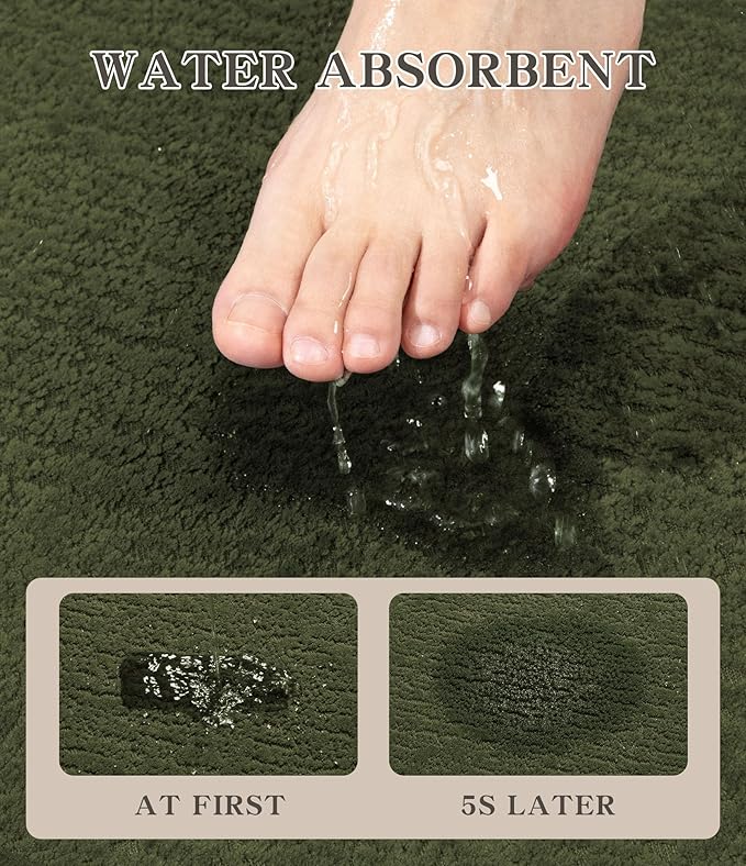 chakme 2 Piece Bathroom Rug Set, Ultra Thin Bath Mat, Absorbent, Non Slip, Machine Washable, Dark Green, 17" x 24", 30", 60"