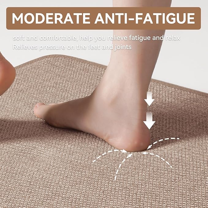 Kitchen Mat Kitchen Rugs Sets of 2 PCS Non Slip Washable, Linen-Like 0.3" Thick Cushioned Absorbent Kitchen Mats for Floor, Mild Anti-Fatigue Sink Laundry Standing Mat, Brown 17"x30"+17"x59"