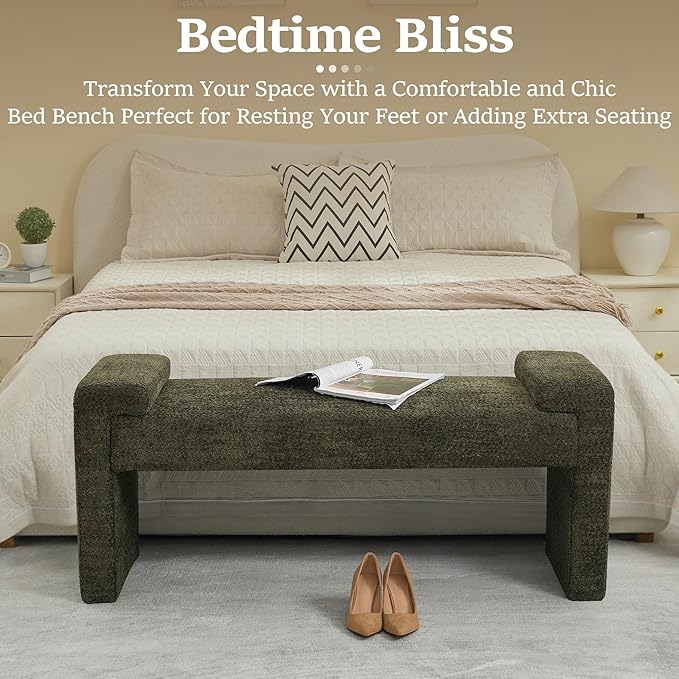 43" End of Bed Bench Upholstered Modern Bedroom Bench for Living Room & Entryway, Easy Assembly, Footrest Ottoman Accent Window Bench with Solid Wood Frame & Curved Arm, Green